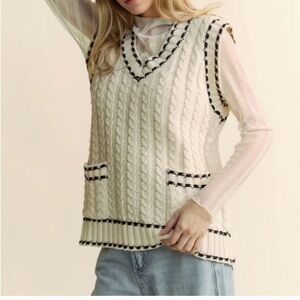 Zara Ivory Cable Knit Vest with Black Accents